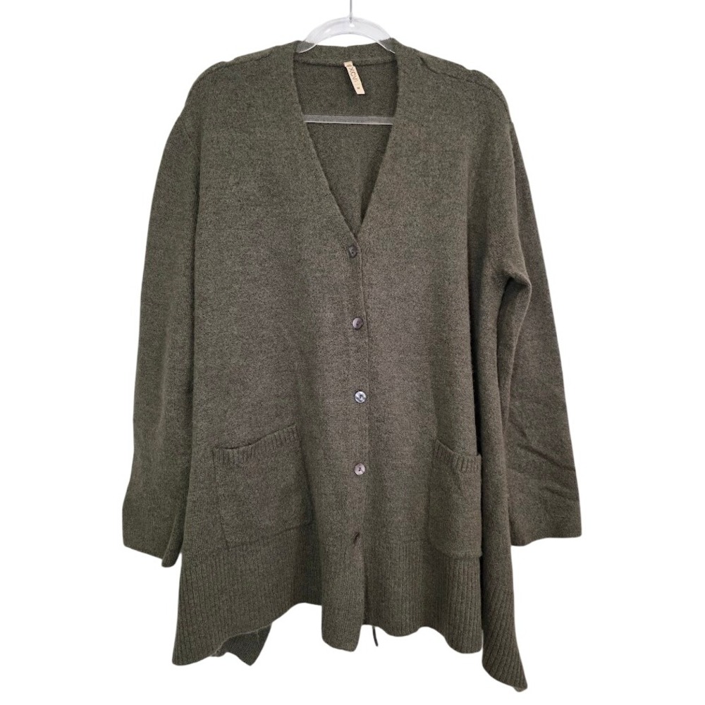 XCVI Women's M Cardigan Olive Green Cinch Tie Back Longline Buttons Pockets